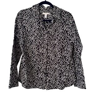 Chicos No Iron Button Down Shirt Womens Black White Abstract Print Cotton Blouse